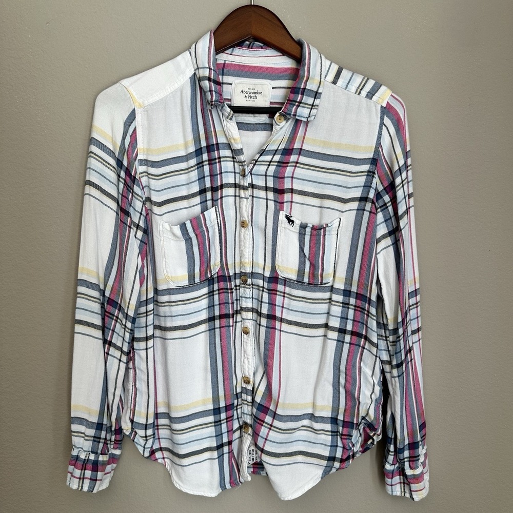 Abercrombie & Fitch White Plaid Viscose Shirt Button Down Preppy Coastal Y2K